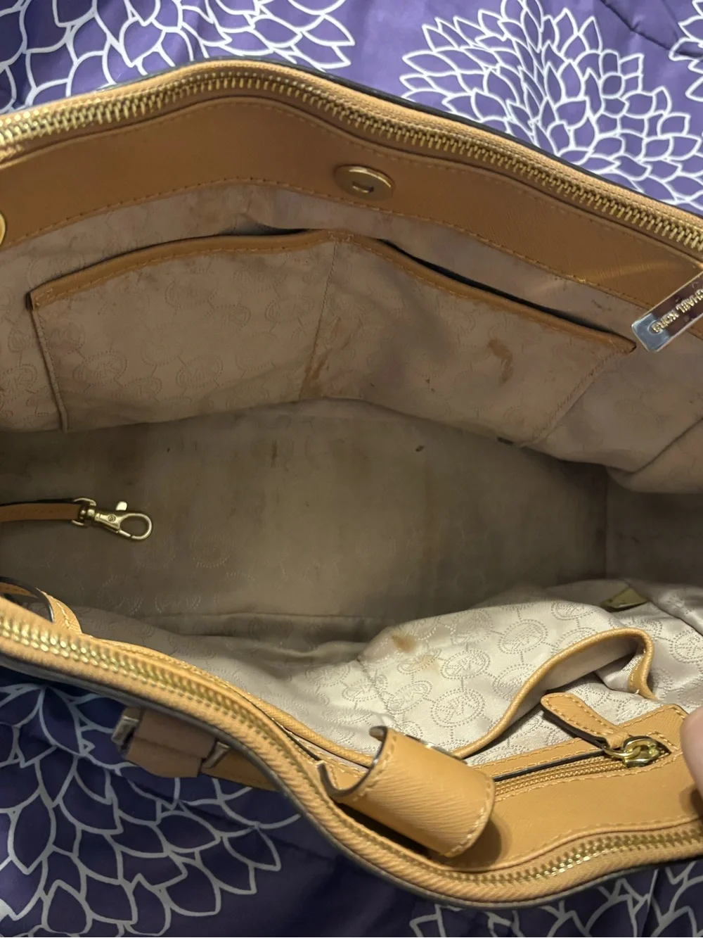 Michael Kors Sutton Medium Colorblock Satchel in tan and black Saffiano leather